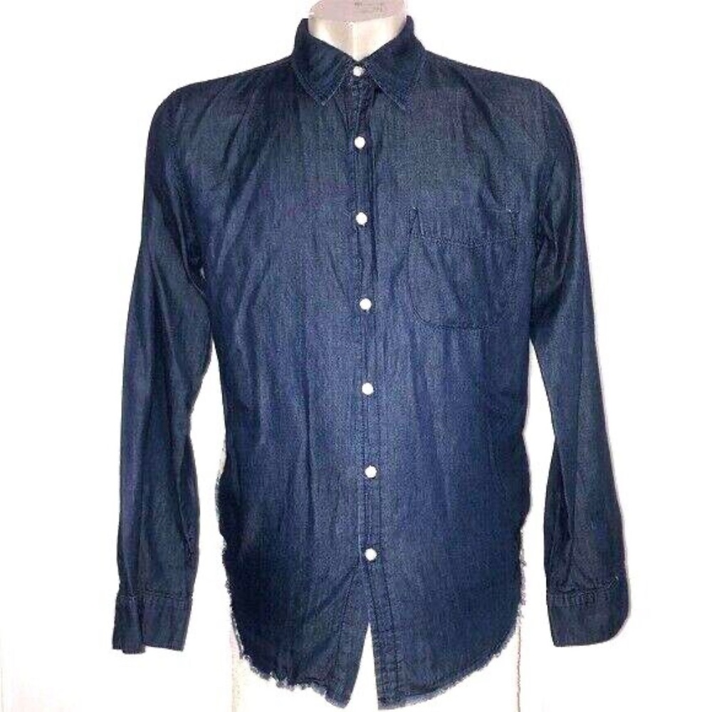 NEW Mens $200 NSF Denim Chambray Shirt w/ Mexican Blanket Back Raw Hem